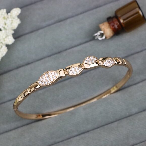 Rose Gold Plated Bangle with Leaf-Inspired Sparkling Design, XPBL0552 - Picture 1 of 12